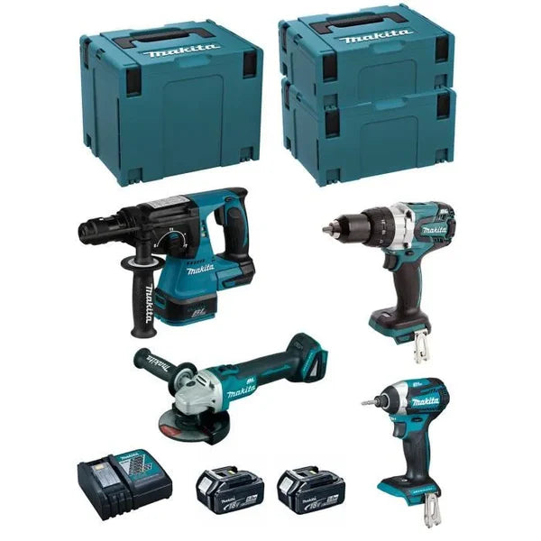 Makita MK408RTJ Werkzeug-Set mit 2 Akkus 5,0 Ah, Ladegerät und MAKPAC-Koffern