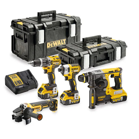 18 Volt / 5 Ah Akku-Kombopack mit DCD 796 (Schlagbohrschrauber), DCH 273 (Kombihammer), DCF 887 ( Schlagschrauber), DCG 405 (Winkelschleifer)